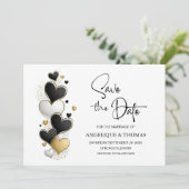Zwart Witte Gouden Hartjes Bruiloft Save the Date (Staand voorkant)