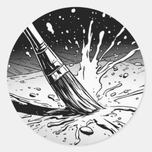 Zwart Witte Grafische Stijl Kwast Verfspat Ronde Sticker