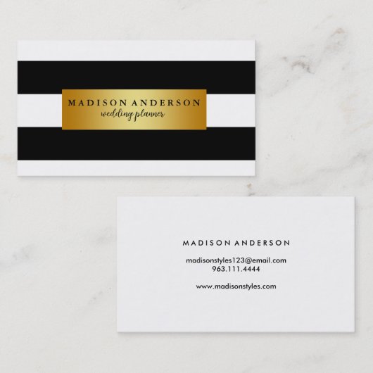 Zwart-witte grafische strips in goud visitekaartje (Voorkant / Achterkant)