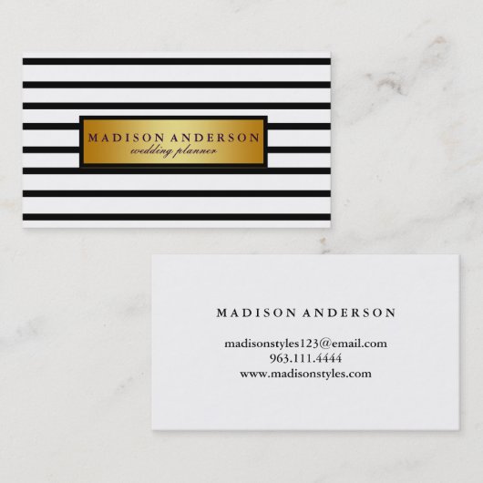 Zwart-witte grafische strips in goud visitekaartje (Voorkant / Achterkant)