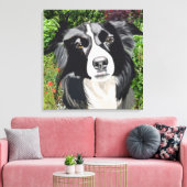 Zwart-witte grenscollie tegen Bloemen Canvas Afdruk (Insitu (Woonkamer))