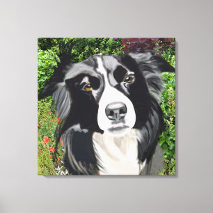 Zwart-witte grenscollie tegen Bloemen Canvas Afdruk
