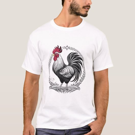 Zwart-witte haan t-shirt (Voorkant)