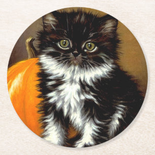 zwart-witte Halloween kat Ronde Kartonnen Onderzetter