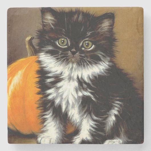 zwart-witte Halloween kat Stenen Onderzetter (Voorkant)