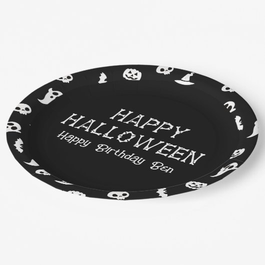 Zwart Witte Halloween Vleermuizen & Geest Hallowee Papieren Bordje (Gekanteld)