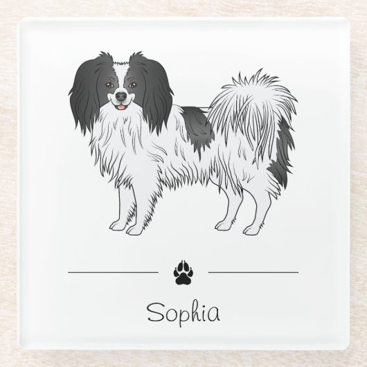 Zwart-witte halve cute dog met aangepaste naam glazen onderzetter (Voorkant)