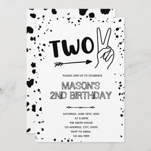 Zwart witte hand gebaar 2e verjaardag  kaart (Voorkant / Achterkant)