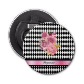 Zwart-witte Harlequin met roze ventilator en naam Button Flesopener (Voorkant)