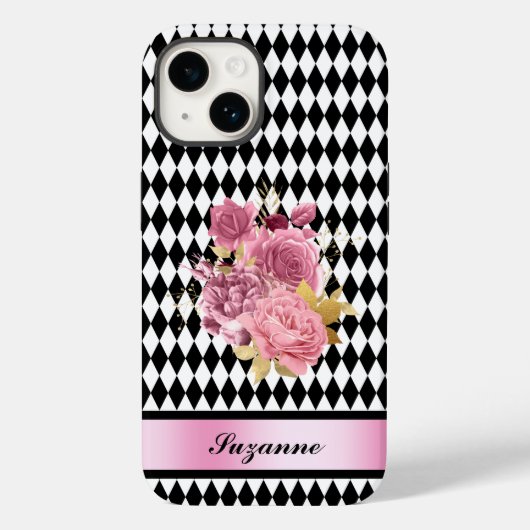 Zwart-witte Harlequin met roze ventilator en naam Case-Mate iPhone Case (Achterkant)