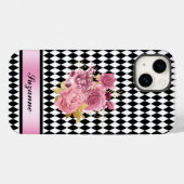 Zwart-witte Harlequin met roze ventilator en naam Case-Mate iPhone Case (Achterkant (horizontaal))