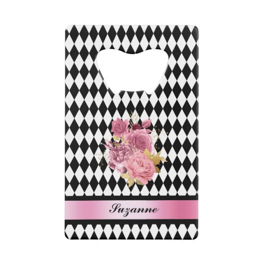 Zwart-witte Harlequin met roze ventilator en naam Creditkaart Flessenopener (Voorkant)