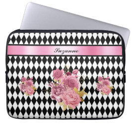 Zwart-witte Harlequin met roze ventilator en naam Laptop Sleeve