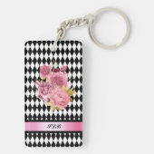 Zwart-witte Harlequin met roze ventilator en naam Sleutelhanger (achterkant)