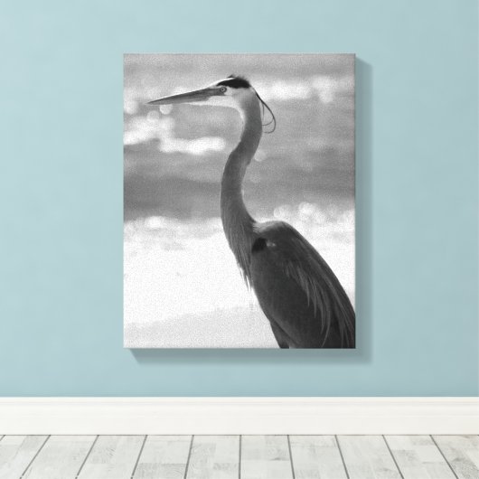 Zwart-witte haron op de strand 11x14 canvas afdruk (Insitu (Houten vloer))
