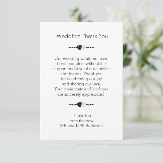 Zwart-witte harten bruiloft dank u bedankkaart (Staand voorkant)