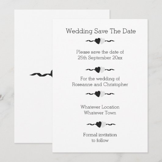 Zwart-witte harten bruiloft save the date (Voorkant / Achterkant)