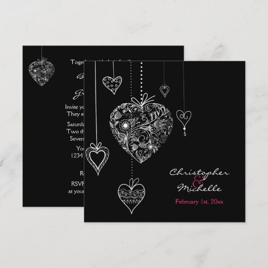 Zwart-witte harten bruiloft uitnodigen met RSVP Kaart (Voorkant / Achterkant)