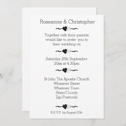 Zwart-witte harten bruiloft uitnodiging (Voorkant / Achterkant)
