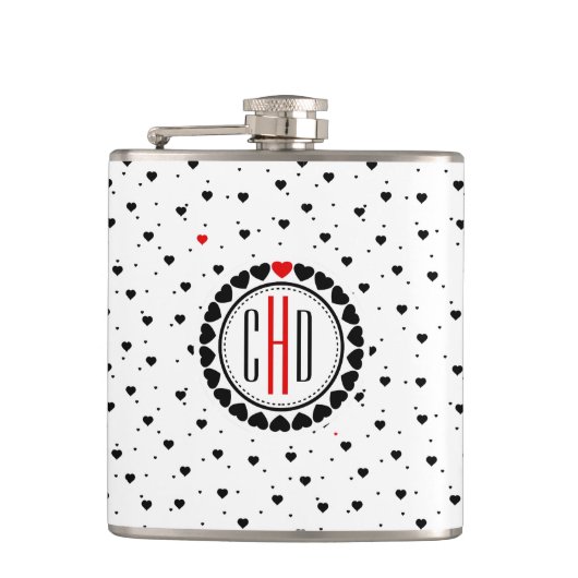 Zwart-witte harten patroon rood accent heupfles (Voorkant)