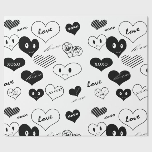 Zwart-witte hartgezichten Love Xoxo Cadeaupapier (Vlak)