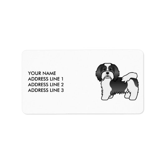 Zwart-Witte Havanese Cartoon Hond & Aangepaste Tek Etiket (Voorkant)