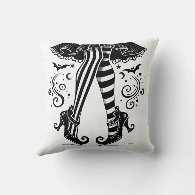 Zwart & Witte Heks Benen Whimsical Halloween Feest Kussen (Achterkant)