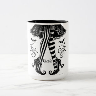Zwart & Witte Heks Benen Whimsical Halloween Feest Tweekleurige Koffiemok