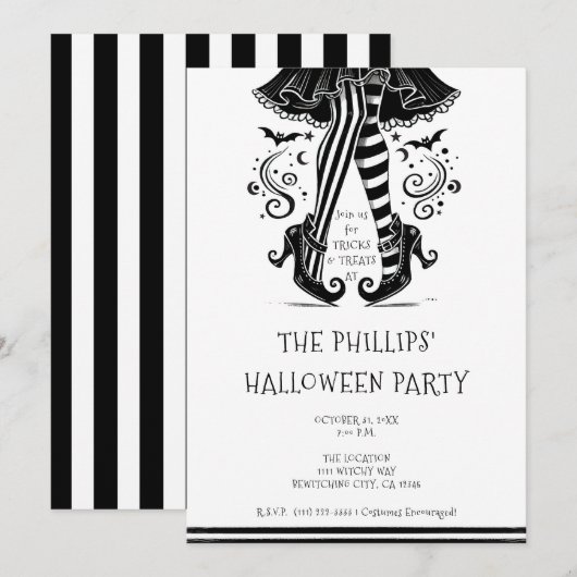 Zwart & Witte Heksenbenen Whimsical Halloween Fees Kaart (Voorkant / Achterkant)