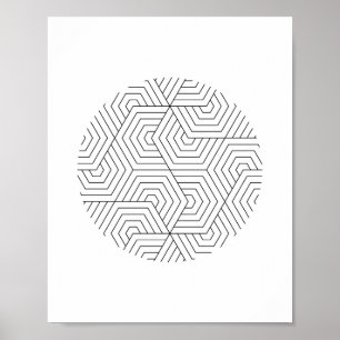 Zwart-witte hexagon cirkelvormige geometrische wan poster