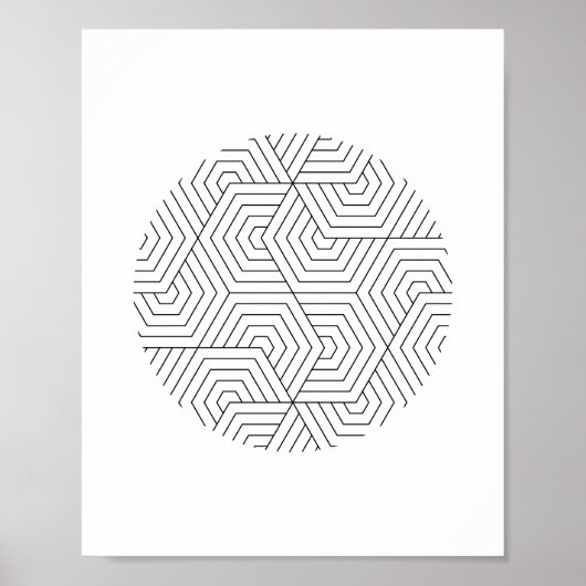 Zwart-witte hexagon cirkelvormige geometrische wan poster (Voorkant)