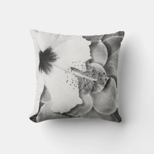 Zwart-Witte Hibiscus Strooi Kussen