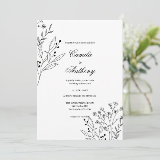 Zwart-witte hoek Floral Boho bruiloft Kaart (Staand voorkant)