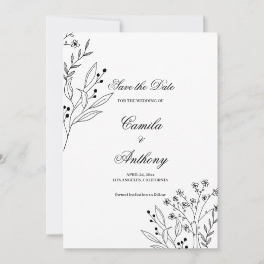 Zwart-witte hoek Floral Boho bruiloft Kaart (Voorkant)