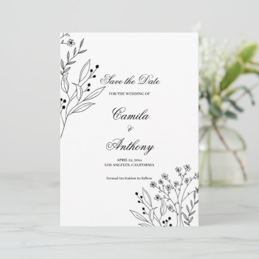 Zwart-witte hoek Floral Boho bruiloft Kaart (Staand voorkant)