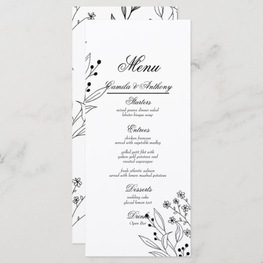 Zwart-witte hoek Floral Boho bruiloft Menu (Voorkant / Achterkant)
