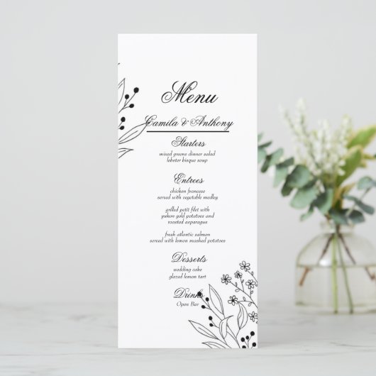 Zwart-witte hoek Floral Boho bruiloft Menu (Staand voorkant)