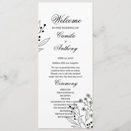 Zwart-witte hoek Floral Boho bruiloft Programmakaart (Voorkant)