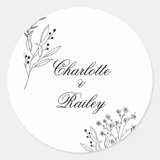 Zwart-witte hoek Floral Boho bruiloft Ronde Sticker (Voorkant)