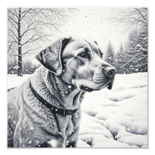 Zwart-witte hond AI-schets winterscene Foto Afdruk (Voorkant)