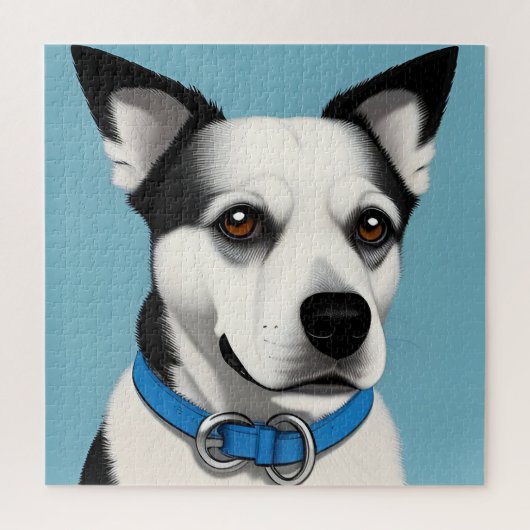 Zwart-witte hond met blauwe halsband legpuzzel (Verticaal)