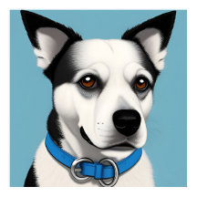 Zwart-witte hond met blauwe halsband