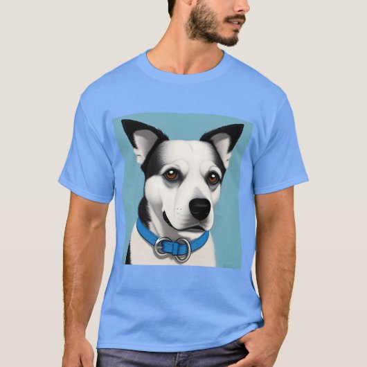 Zwart-witte hond met blauwe halsband t-shirt (Voorkant)