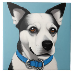 Zwart-witte hond met blauwe halsband tegeltje