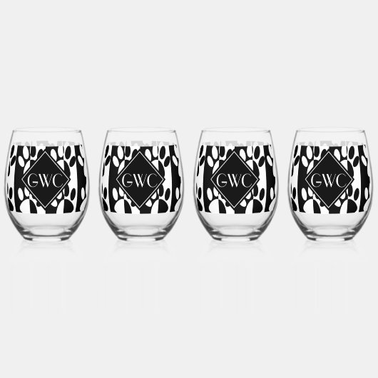 Zwart-witte hond poten en strepen monogram wijnglas zonder voet (Achterkant)