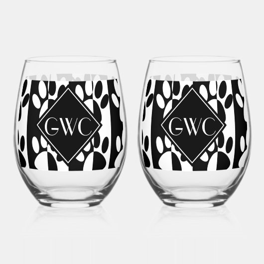 Zwart-witte hond poten en strepen monogram wijnglas zonder voet (Achterkant)