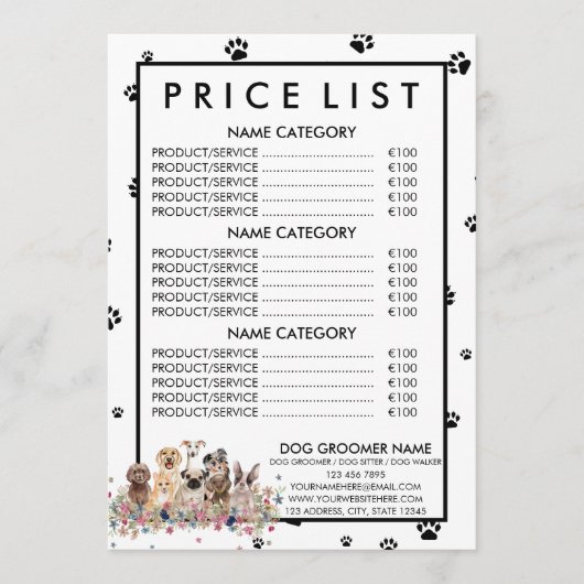 Zwart Witte Hond Trimmer Prijslijst Menu (Voorkant)