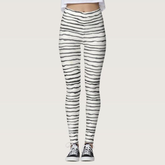 Zwart-witte horizontale boho horizontale strepes leggings (Voorkant)