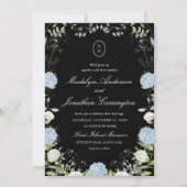 Zwart Witte Hortensia Monogram Trouw Uitnodiging (Voorkant)