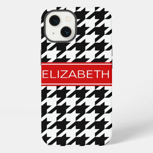 Zwart Witte Houndstooth #2 Rode Naam Monogram iPhone Hoesje (Achterkant)
